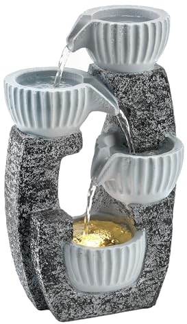 Outsunny Water Feature with 4-Tier Bowls, Indoor Outdoor Garden Water Fountain with Pump and LED Lights, Freestanding Resin Cascading Waterfall for Patio, Garden, Terrace, Porch, Home, Dark Grey