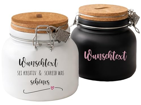 Amberger Design - Spardose Sparglas Personalisiert Wunschtext | Geldgeschenk Hochzeit Geburtstag Taufe Weihnachten | Sparbüchse Glas mit Korkdeckel | UV-Druck | (Schwarz)