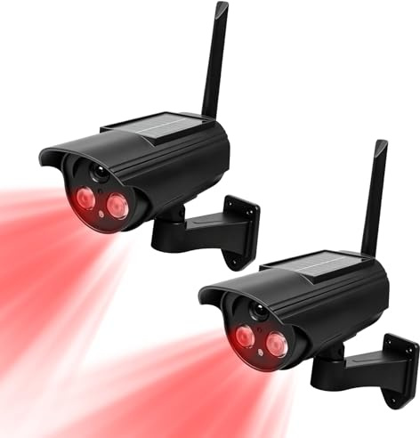 LEKEFETO 2 telecamere finte per esterni: telecamera di sorveglianza a energia solare con luce LED lampeggiante rossa, 3 modalità, telecamera di sicurezza CCTV, telecamera finta per interni ed esterni