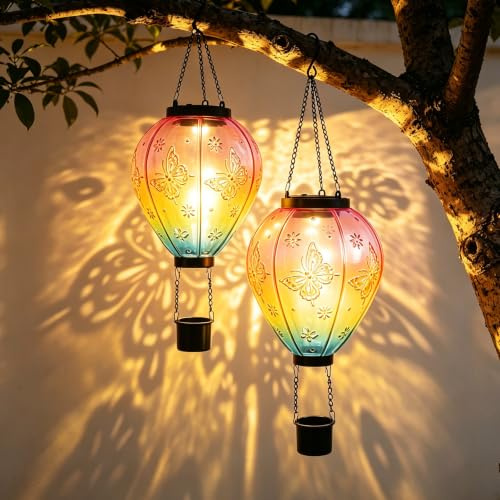 2PCS Solar Heißluftballon, 45x14 cm Solarlaterne für Außen, Solarlampen für Außen Hängend, Heißluftballon Deko, Dämmerungssensor, Wetterfest, Schmetterlinge Solarlampen für Garten Terrasse Balkon