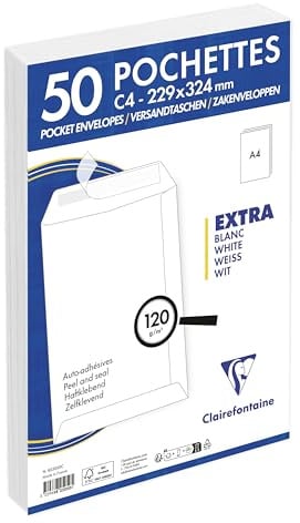 Clairefontaine 825050C 50 Versandtaschen C4 120g selbstklebend Weiß