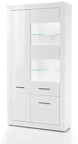 Lomadox Standvitrine modern in weiß Hochglanz inkl. Beleuchtung B/H/T: 100/198/35cm