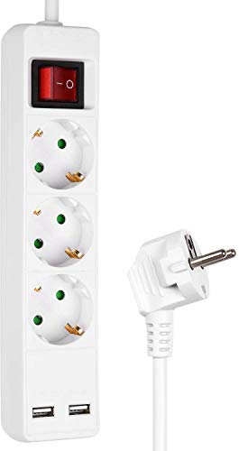HEITECH 3 fach Steckdosenleiste mit 2 USB Ports - GS geprüfte Mehrfachsteckdose mit Schalter, 1,4 Meter Kabel, bis max. 3680W - Steckerleiste Mehrfachstecker Tischsteckdose