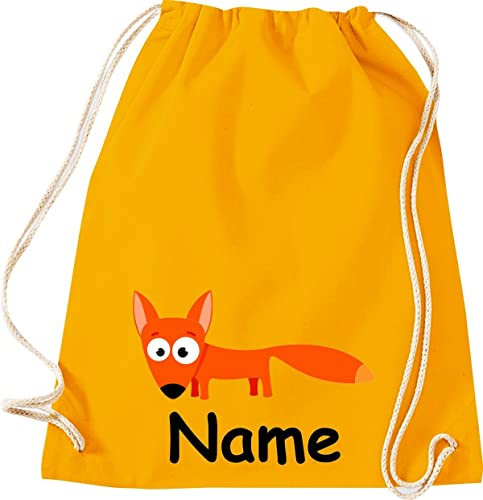 Shirtinstyle Gym Sack Kinder Turnbeutel Tiere Fuchs mit Wunschnamen, Beutel Tasche Hort Kita, Farbe Mustard