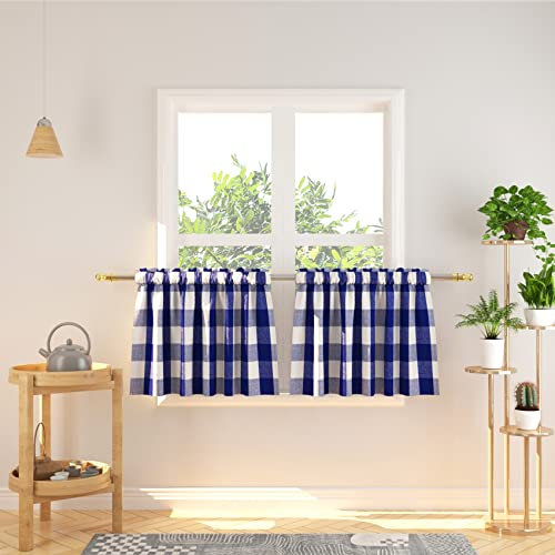 Volant-Vorhänge, 40,6 cm, lang, Café-Vorhang, Büffelkariert, Vichy-Karo, kurze Etagen, für Küche, Badezimmer, Fenstervorhang, Marineblau / Weiß, 2 Stück