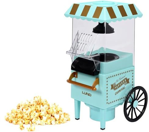 LUND Retro Popcornmaschine - Popcorngerät mit Heißluft, 1200W, 60g, Polypropylen (PP), Türkis, Integriertes Rührsystem, Quick-Heat-Technologie, Messbecher (Deckel), Nostalgie Popcorn Maschine