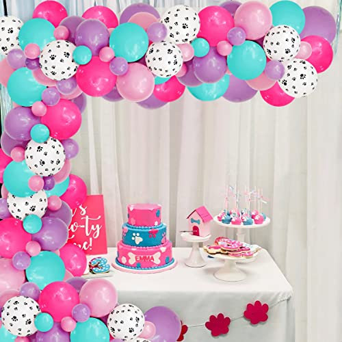 JOYMEMO Hund Thema Geburtstag Deko, Pfote Gedruckt Ballon Girlande, Hund Pfotenabdruck, rosa lila weiße Luftballons zum Mädchen 1 2 3 Jahre Geburtstag, Baby Shower Party Supplies