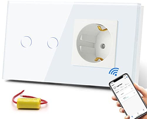 BSEED Normal Steckdose mit Smart Lichtschalter Kompatibel mit Alexa,Google Home, Glas Touchscreen-schalter,Smart Lichtschalter 2 Fach 1 Weg 16Amp Steckdose Weiß (kein Neutralleiter benötigt)