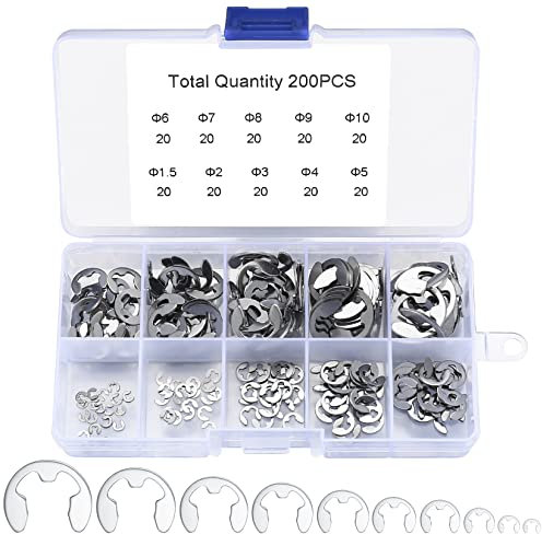 200 Piezas Anillo de Tetención Externo, E-Clips Interno de Acero Inoxidable, Anillo de Presión Circlips - 1.5/2/3/4/5/6/7/8/9/10 mm