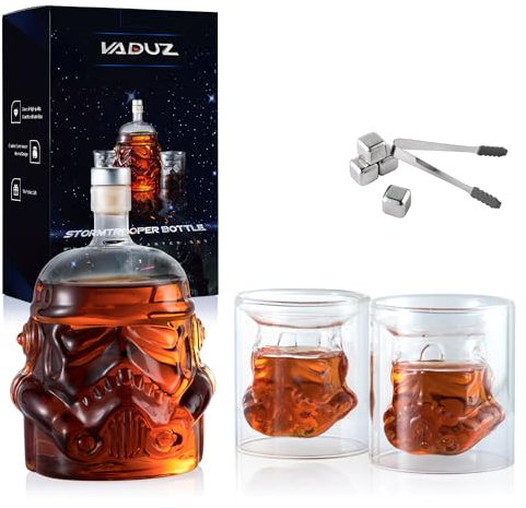 Transparentes, kreatives Whisky-Karaffee-Set mit 2 Gläsern, 4 Edelstahl-Whisky-Steinen und Eiszange, Flaschen-Karaffe, Whisky-Karaffe für Wein, Scotch, Bourbon, Wodka, Likör (750 ml)