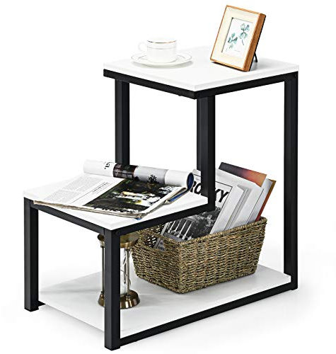LIFEZEAL Tavolino da Caffè in Legno, Comodino con 3 Ripiani di Stoccaggio, Telaio in Tubo d'Acciaio, per Soggiorno, Camera da Letto, Design Moderno, 60x35x59,5 cm, 50 kg per Ogni Livello, Bianco