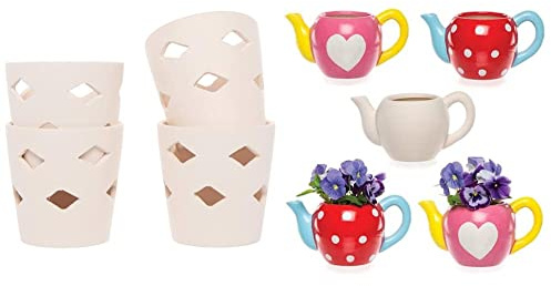 Baker Ross ET671 Ceramic Tealight Holders, Craft Kits for Kids to Paint, Personalise and Use, Assorted, & AV983 Teapot Plant Pots - Pack of 2