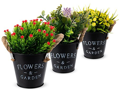 Coradoma Kunstblumen im Topf 3er Set Schwarz Künstliche Pflanzen Dekoration | Wohnzimmer Deko modern Küchendeko Blumen | Kunstpflanze Sukkulente Fensterbank Schreibtisch Wanddeko Büro Schlafzimmer