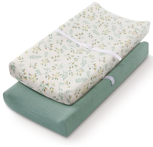 Blissful Diary Muslin Changing Pad Cover for Girls Boys, Ultra Soft Breathable Cotton, Baby Diaper Change Table Pad Covers, 2Pack (Roman Green&Leaf)