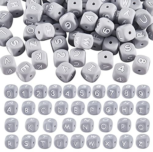 BEEFLYING 108 Pieces Grey Cube Letter Silicone Beads 0-9 Number Square Dice Initial Alphabet AZ Large Hole Loose Spacer Beads for Bracelet Necklace Jewelry Making Decoration
