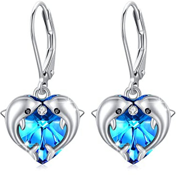 Delfin Ohrringe Damen 925 Sterling Silber Herz Ohrringe mit Blau Kristall Ohrhänger Delfin Hängend Ohrringe Tier Ohrringe Delfin Schmuck für Mutter Mama Ehefrau Muttertagsgeschenk Damen Frauen