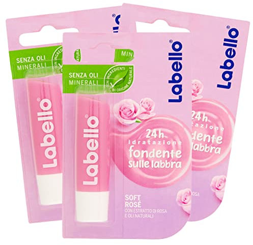 Labello Soft Rosé Feuchtigkeitsspendender Lippenbalsam Rosé mit Rosenextrakt und pflegenden natürlichen Ölen für 24 Stunden - 3 Sticks