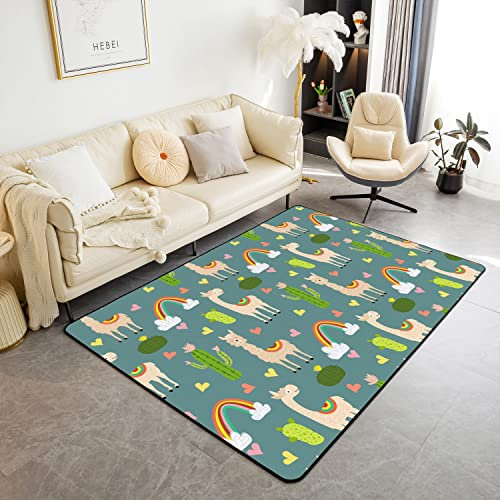 Loussiesd Karikatur Lama Alpaka Tier Dekor Teppich Kaktus Wohnzimmer Teppiche Kinderzimmer Nette Lama Dekor Akzent Teppich Regenbogen Herz Innenbodenmatte Moderne Teppich 150x200 cm
