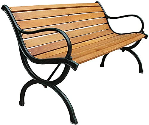 Outdoor Bank Terrassenbank Verandamöbel Outdoor Park Rest Bank Gartenbank Massivholz Parkstuhl mit Rückenlehne und Armlehnen, Metall Gusseisen Gestell rostfrei Hofbank