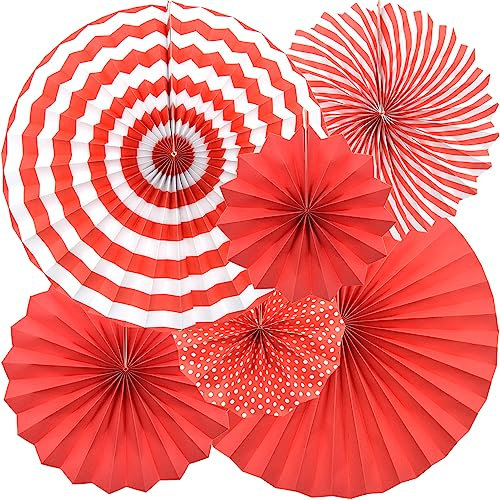 Hocansen 6PCS Hanging Paper Fans Set 8/12/16in Party Decoration Paper Fans Round Pattern Papers Garlands Decoration for Birthday Bridal Wedding Baby Shower Graduation Events(Red/ZS)