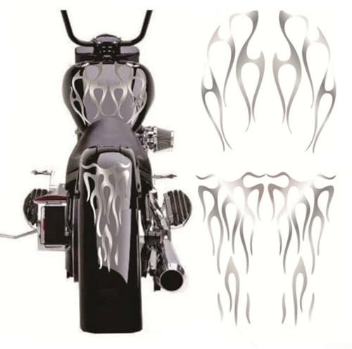 EpheyFIF Motorrad Flamme Aufkleber Kit, Matt Silber Flamme Motorrad Tank Aufkleber Für Gastank & Fender Dekorative Aufkleber