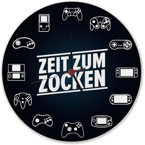 Zeit zum Zocken Verschiedene Controller Wanduhr Uhr für Zocker und Konsolennerds mit diversen Spielekonsolen und Controllern als außergewöhnliche Deko fürs Gamingzimmer