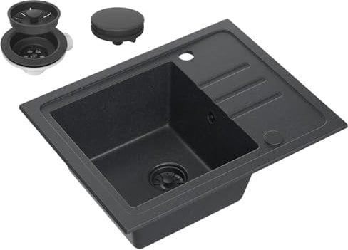 VBChome Spülbecken Granit Schwarz 55 x 44 cm Einzelbecken Einbauspüle Gesprenkelt Reversibel Granitspüle Schwarz Siphon Waschbecken