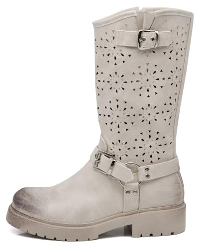 IF Fashion Scarpe da Donna Stivali Primaverili Estivi Traforati Alla Caviglia Biker Motociclista Con Fibbia WZ688-62 beige N.41