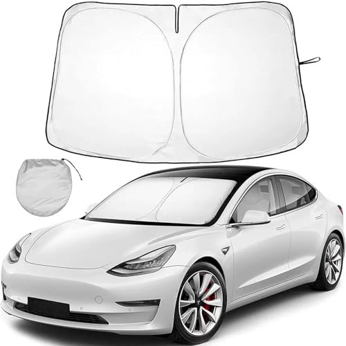 FINEVERNEK Parasol de Coche Delantero para Tesla, Parasol para Parabrisas Delantero Plegable, Parabrisas Protección contra Rayos UV el Calor, Coche Sol Sombra para Tesla Model Y Model 3