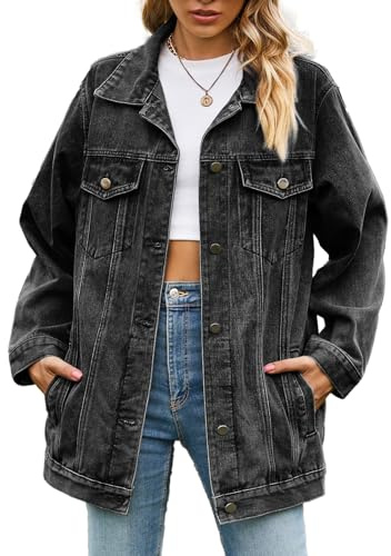 Sukany Women's Casual Denim Jacket Oversized Button Up Turn Down Collar Loose Long Sleeve Mid Long Coat