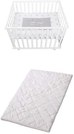 Bundle aus roba Laufgitter Rock Star Baby 75 x 100 cm - inkl. Schutzeinlage mit Rollen - Holz weiß + roba Laufgittermatratze 75 x 100 cm