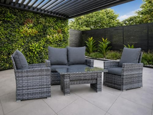 GOODS EMPORIUM 4 Seater Rattan Garden Furniture Set - Outdoor, Patio furniture, Conservatory Sofa sets - FREE COVER INCLUDED (Dark Grey with Rising Table)