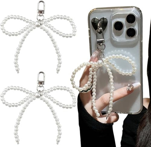 2 Stück Perle Schleife Schlüsselanhänger,Y2K Perle Bögen Phone Charm Schlüsselringe Süß Bow Bag Charms Karabiner Schlüsselanhänger Bowknot Anhänger Schlüsselbund Weiß Pearl Bead Bows Keychain Zubehör