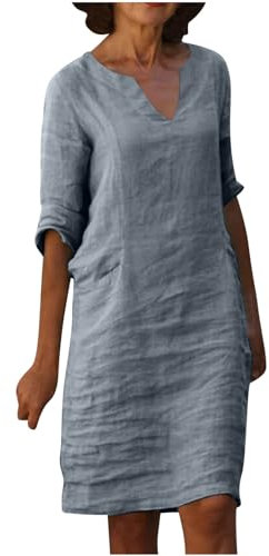 Cotton Linen Dresses for Women UK V Neck Half Sleeve Midi Dresses Summer Tunic Shift Dresses Solid Elegant Party Dress Knee Length Going Out Holiday Dress Mother of The Bride Dresses Gray