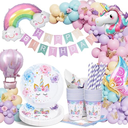 yosiio Ensemble de vaisselle de fête à thème licorne, fournitures de fête sur le thème des papillons, ensemble de décoration d'anniversaire licorne, assiettes en carton avec ballons papillon pour