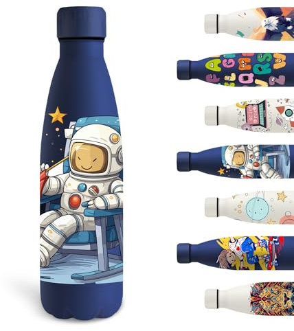 Grsta Trinkflasche, 500ml Trinkflasche Edelstahl, Trinkflasche Kinder BPA-freie, Trinkflasche Personalisiert mit Astronaut-Muster, Wasserflasche Doppelwandig, für Schule, Camping, Running, Blau