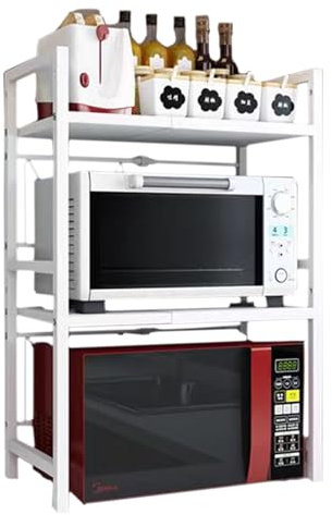 Felenny Expandable Microwave Oven Rack, 3 Tier Kitchen Microwave Shelf Organizer Metal Organiser Counter Stand Utensil Holder Adjustable Width& Height, Heavy Load 75kg/ 165lbs