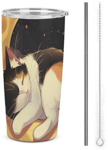 3D Printing Funny Cat Leakproof Travel Mug - Stainless Steel - Keeps Beverages Hot Or Cold - Includes Straw and Brush 20oz