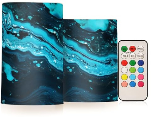 Flackernde flammenlose Kerzen Türkis Blau Marmor LED Kerzen mit Fernbedienung Timer 2er Set Batteriebetriebene Kerze Heimdekoration