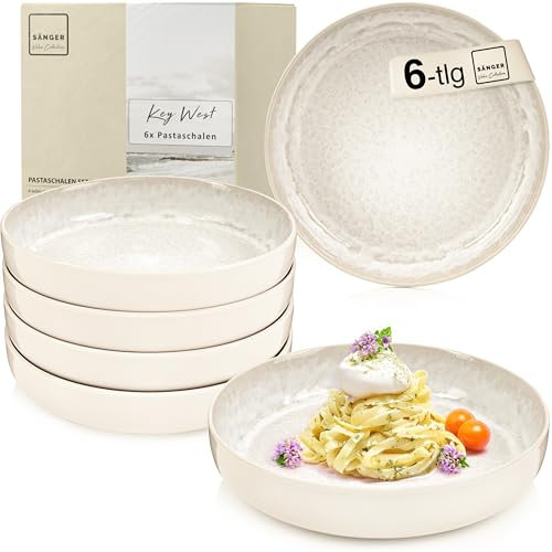 Sänger Key West | Steingut Pastaschalen 6 tlg, Nudel Schalen Set 6 Personen, Schüssel Set spülmaschinenfest mikrowellenfest, große Schüssel Creme mit sandiger Maserung 750 ml | VALUE COLLECTION