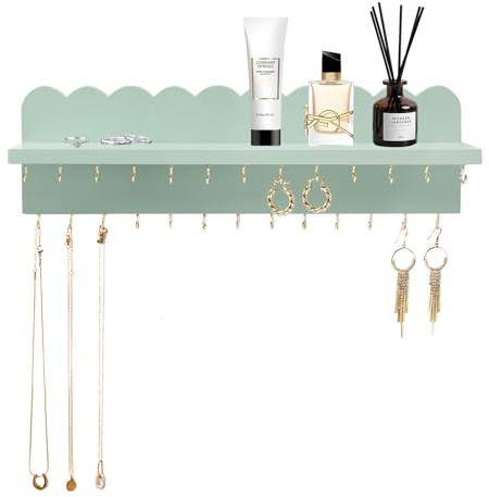 Lampaggio Wall Mount Jewelry Organizer with 26 Hooks and Cosmetics Shelf, Modern Wood Hanging Jewelry Holder for Necklaces, Bracelets, Earrings and Rings, Green