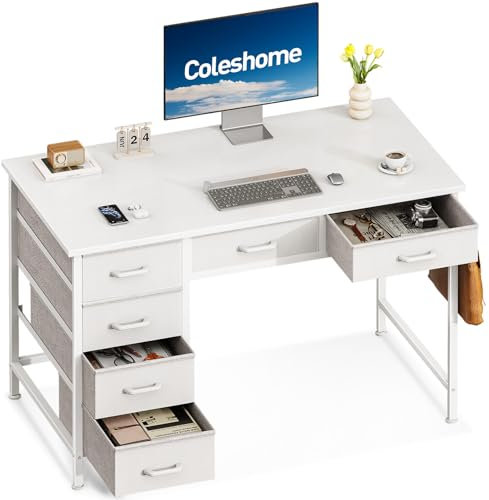 Coleshome Schreibtisch mit 6 Schubladen, 100 x 48 cm Schreibtisch Weiß mit Stauraum, Umkehrbarer Kleiner Tisch mit Kopfhörerhaken für Home Office