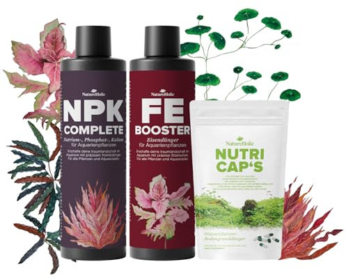 NatureHolic Aquarium Dünger Rundum Sorglospaket | Prächtige Pflanzen All-in-One-Lösung - Komplettdünger + Langzeitdünger Kapseln, nichts weiter nötig! Wachstumsbooster | 2x 250ml + Bodendünger Kapseln