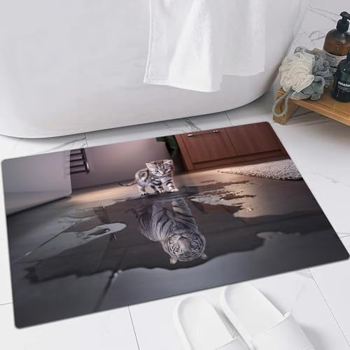 FSDGY Badvorleger Fußmatte Flauschig Teppich Badezimmerteppich Duschmatte für Bade & Wohnzimmer Schlafzimmer,Katze und Tiger,60x90 cm