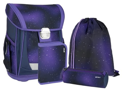 itenga Grundschul Ranzen Set COOL - Schulranzen Set 4 teilig für Jungen und Mädchen mit Mäppchen Faulenzer Turnbeutel (Purple SOLID)
