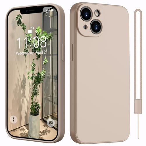 Kukiwhy Silikon Hülle für iPhone 14 Hülle mit 1 Lanyard,[Ultra Dünn mit Microfiber],Handyhülle Kratzfeste Rundumschutz stoßfeste Schutzhülle für iiPhone 14 Case 6.1'' Khaki