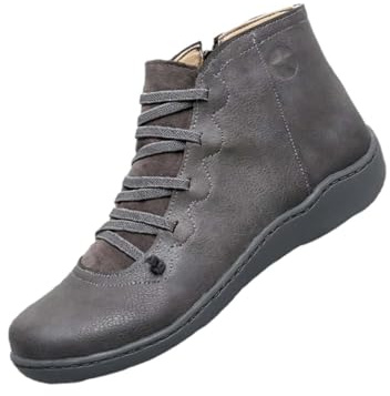 Stivaletti da donna senza tacco 2024 nuovi stivali moda cerniera laterale retrò stivaletti alla caviglia comodi stivali piatti tacco basso stivali stivali occidentali per donna fibbia, Grigio, 39 EU