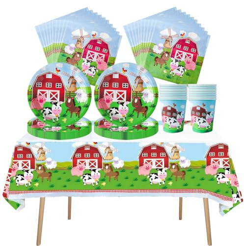 Fuwraixis Farm animals party tableware, 61 piece Piglet and Cow children's birthday cutlery, Ranch theme party decoration supplies set, Includes paper cups, plates, napkins and tablecloths