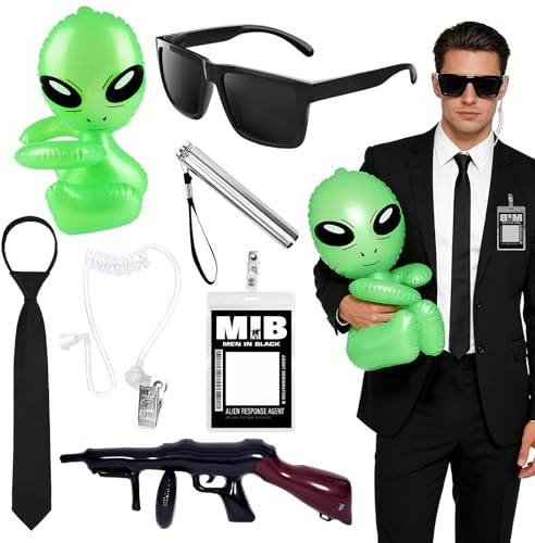 7 Stück Agenten Kostüm Zubehör Set, Geheimdienst Kostüm Accessories mit Brille Krawatte Ausweis Kopfhörern Aufblasbarer Alien Spielzeugpistole Taschenlampen für Damen Herren Karneval MIB Mottopartys