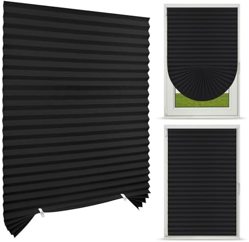 NUTKIT Plissee ohne Bohren, Fenster Plissee 90 x 150cm (BxH) (Schwarz) | Blickdicht Sichtschutz Plisseerollo Faltrollos zum Kleben, 50% Sonnenschutz Verdunkelung Lichtdurchlässig Rollo für Fenster